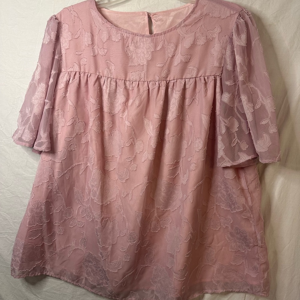 Blush Pink Floral Textured Blouse Sheer Overlay Romantic Top Size L